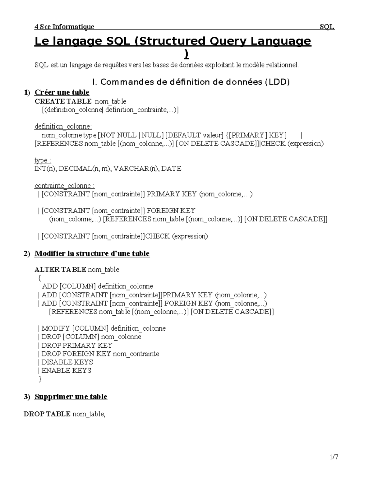 SQL 4 Sce Informatique: Guide Complet sur le Langage SQL - Studocu