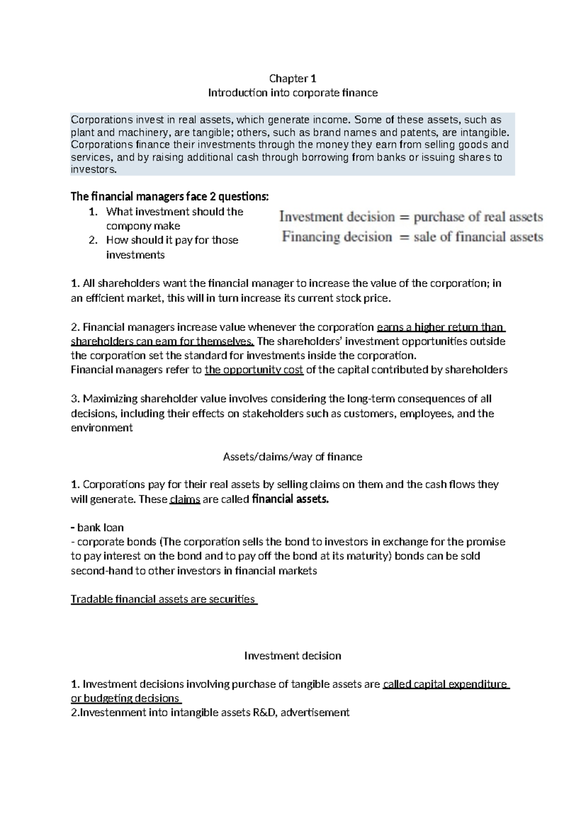 Corporate Finance: Chapter 1 Notes Overview for Finance 101 - Studocu