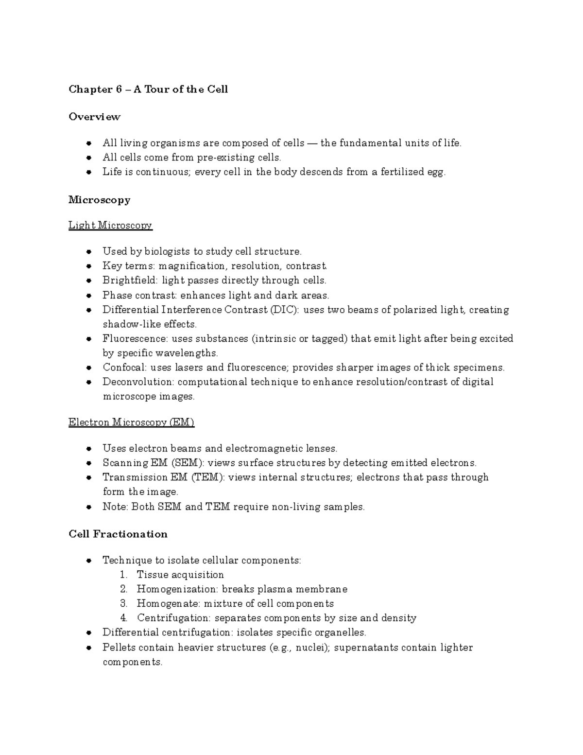 Bio 101 Exam 2 - Chapter 6 & 8 Cell Overview and Metabolism Notes - Studocu