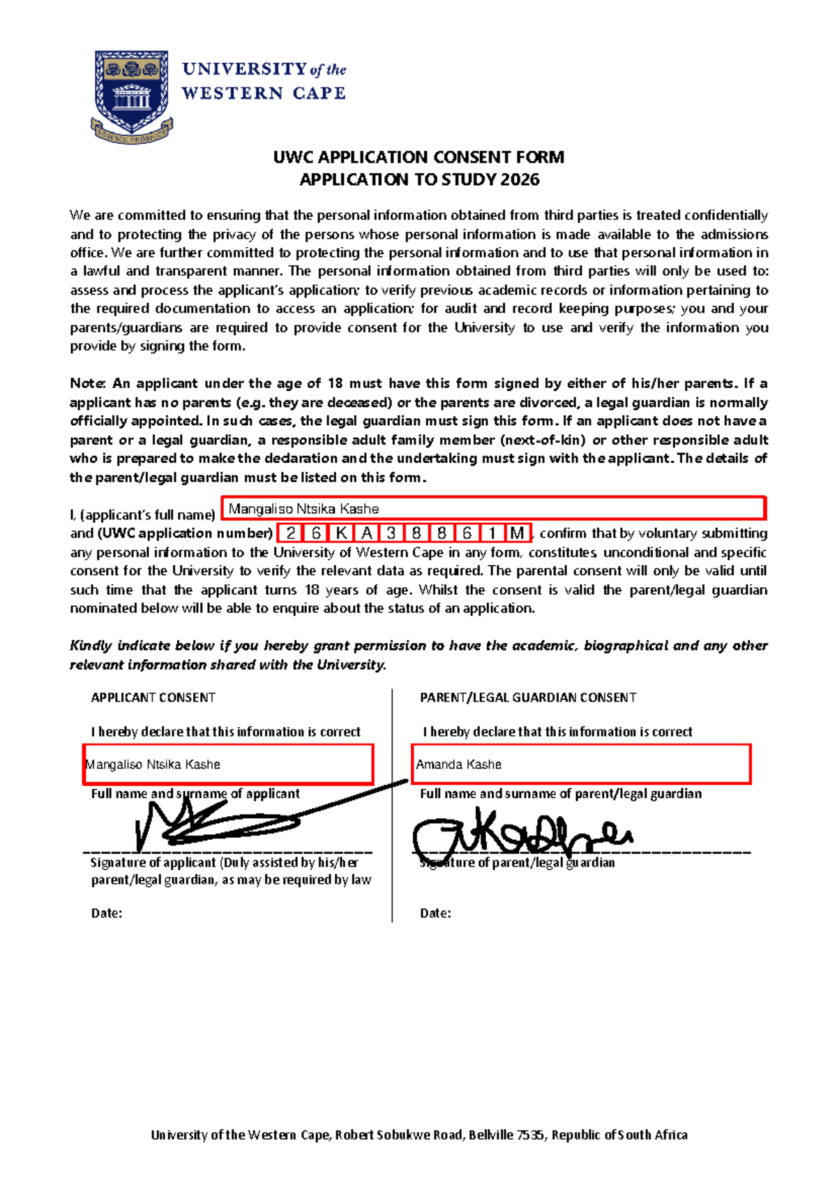 UWC APPLICATION CONSENT FORM FOR STUDY 2026 - Studocu