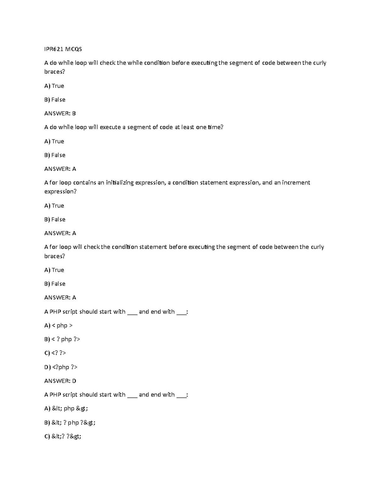IPR621 MCQs - Internet Programming Course Review Questions - Studocu