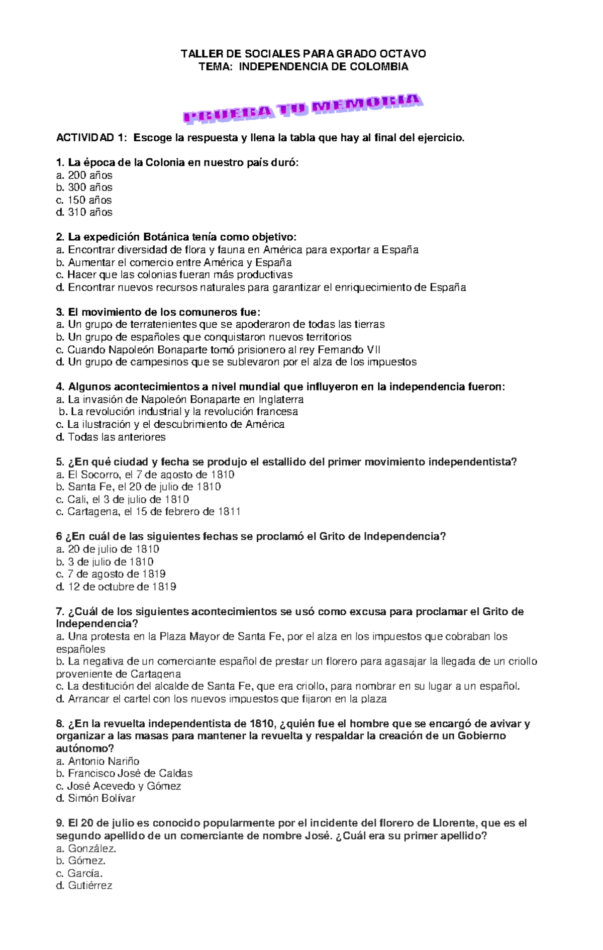 Taller de Sociales: Evaluación sobre la Independencia de Colombia - Document Preview