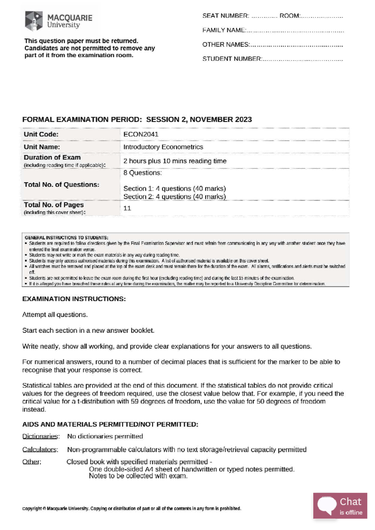 ECON2041 Final Exam Paper - Introductory Econometrics 2023S2 - Studocu