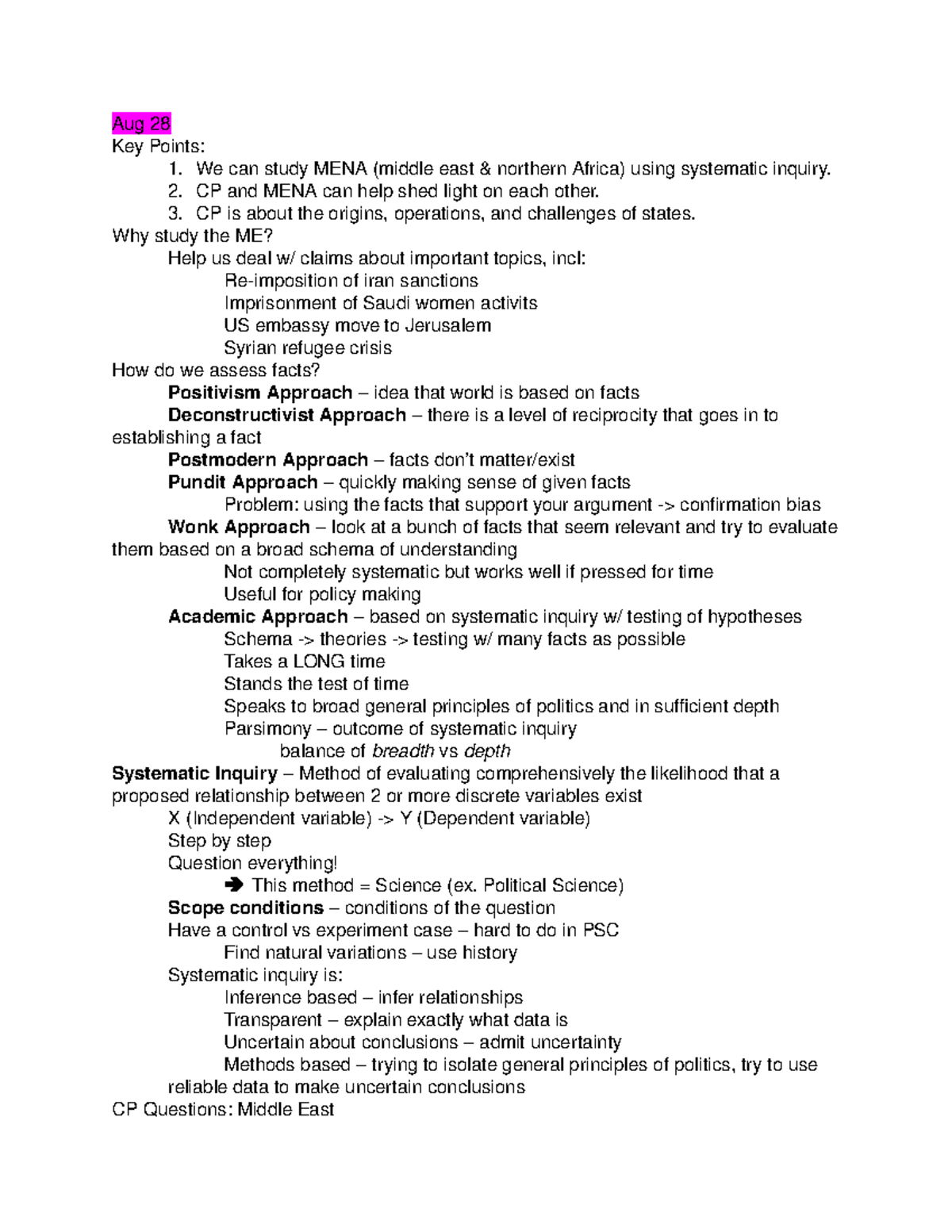 COMP POL OF ME Class Notes - Aug 28 Key Points: 1. We can study MENA ...