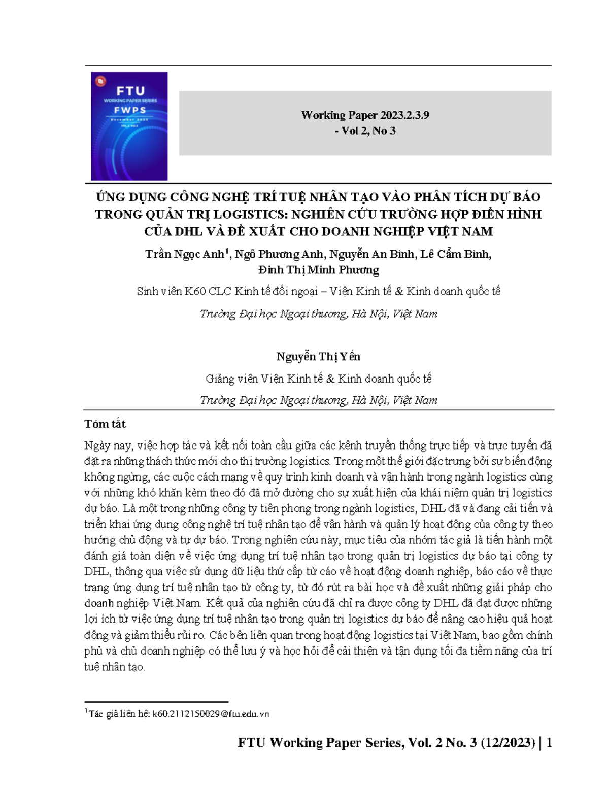 FTU Working Paper 2023.2.3.9: AI Applications in Predictive Logistics ...