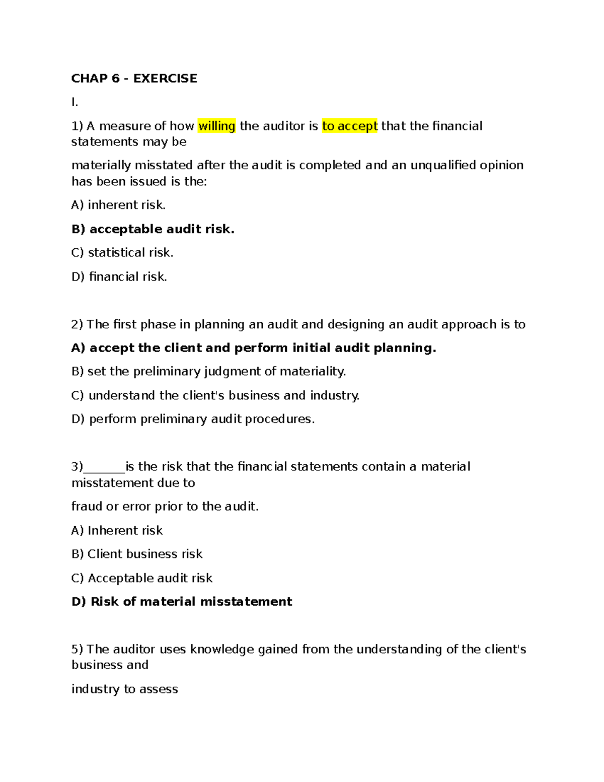 KTCB CHAP 6 EXERCISE I: Audit Risk and Planning Concepts - Studocu