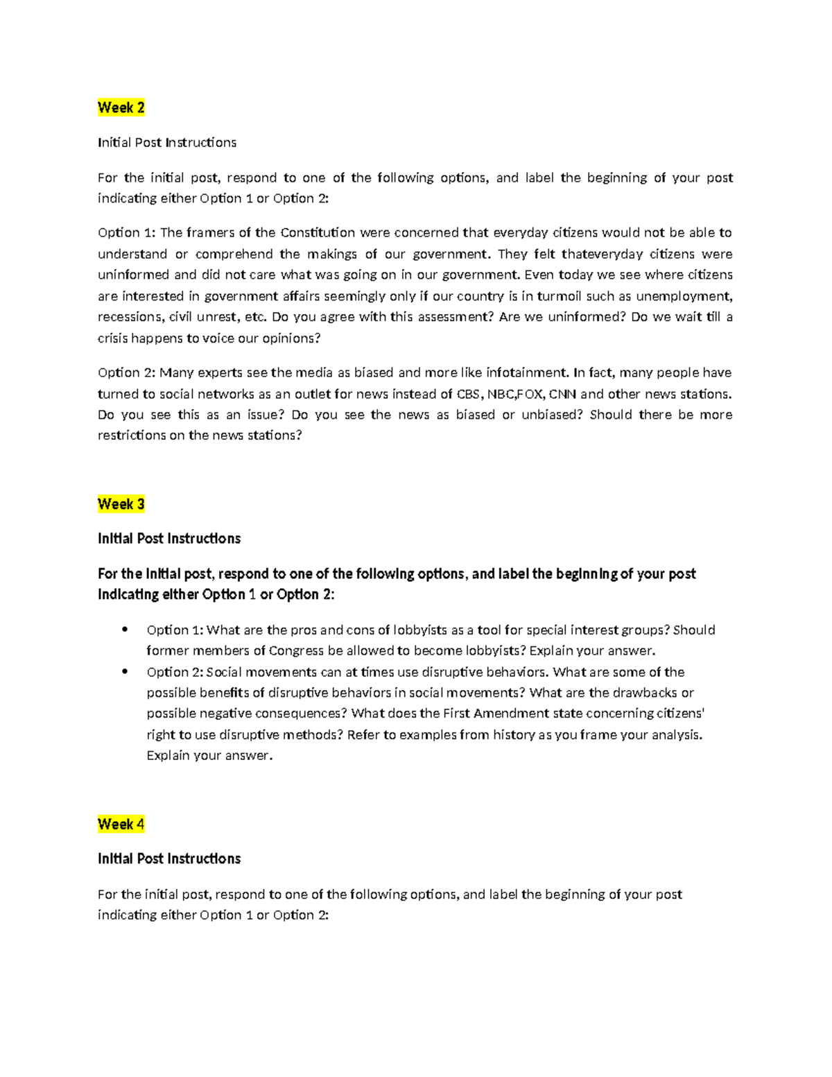 POLI 330 Weekly Discussion Questions: Initial Post Instructions - Studocu