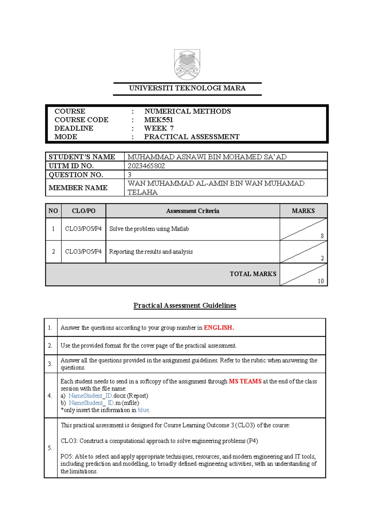 MEK551 Numerical Methods Week 7 Practical Assessment Report - Studocu