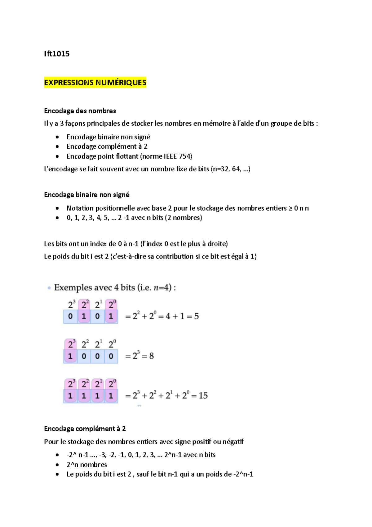 IFT1015 Notes de Cours : Encodage des Nombres et Expressions Numériques ...