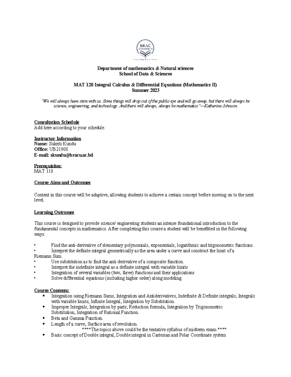 Course Outline MAT 120: Integral Calculus & Differential Equations ...