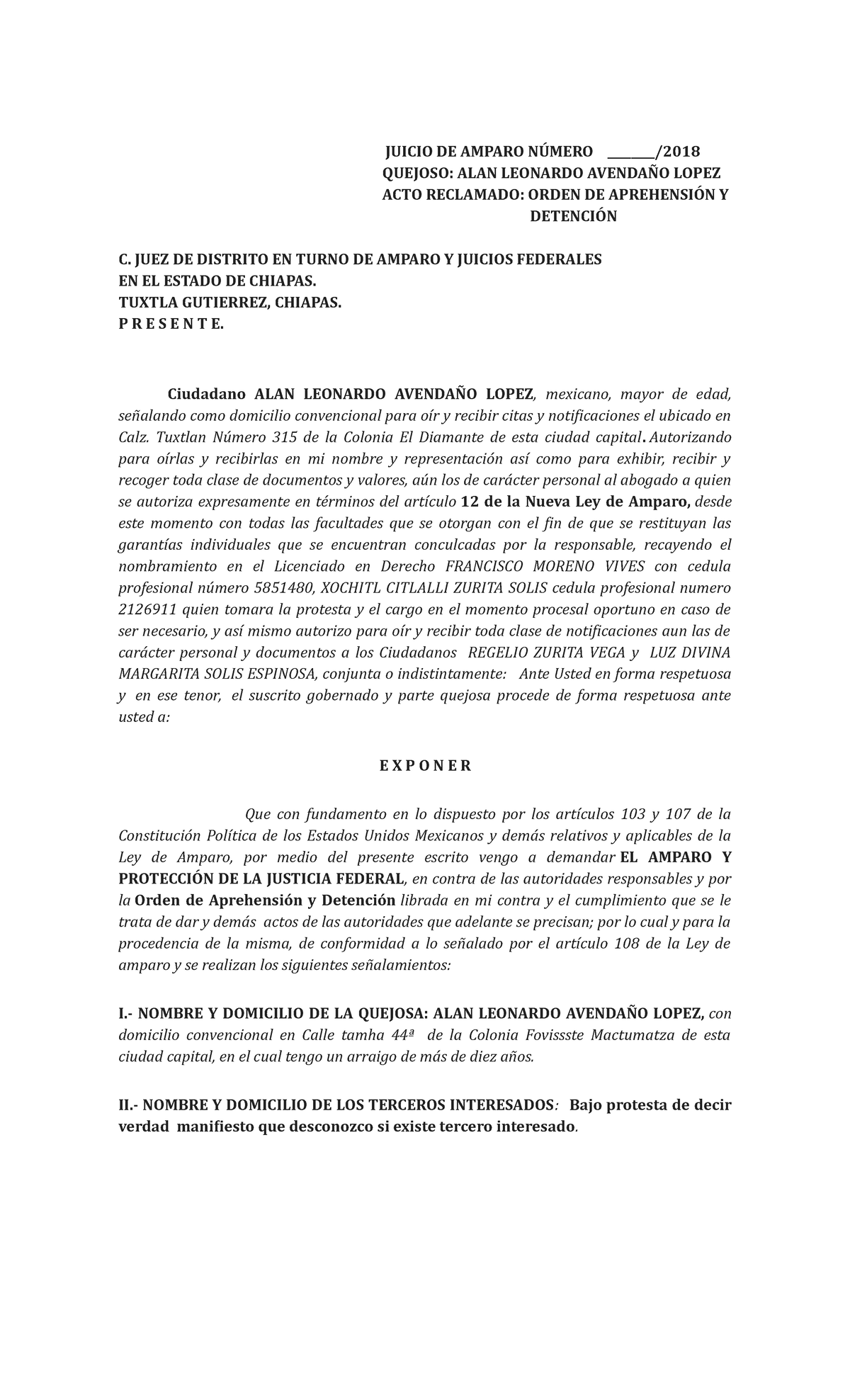 Demanda de Amparo Indirecto Contra Detención y Orden de Aprehensión ...