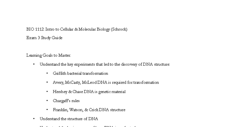 BIO 101 Exam 3 Study Guide: Key Concepts in Molecular Biology - Studocu
