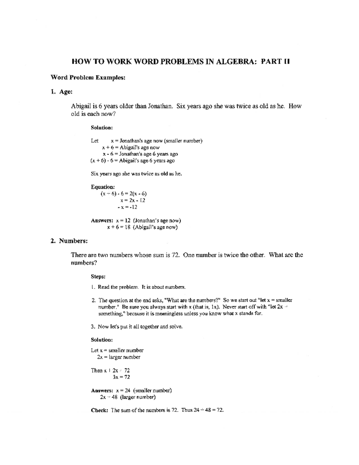 Algebra Word Problems 2 - HOW TO WORK WORD PROBLEMS IN ALGEBRA: PART II ...