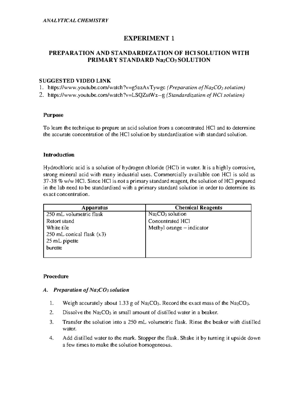 EXP 1 Lab: Preparation & Standardization of HCl Solution with Na₂CO₃ ...