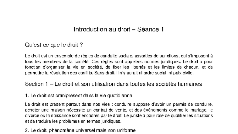 Séance 1 - Introduction au Droit et ses Fonctions Sociales - Studocu