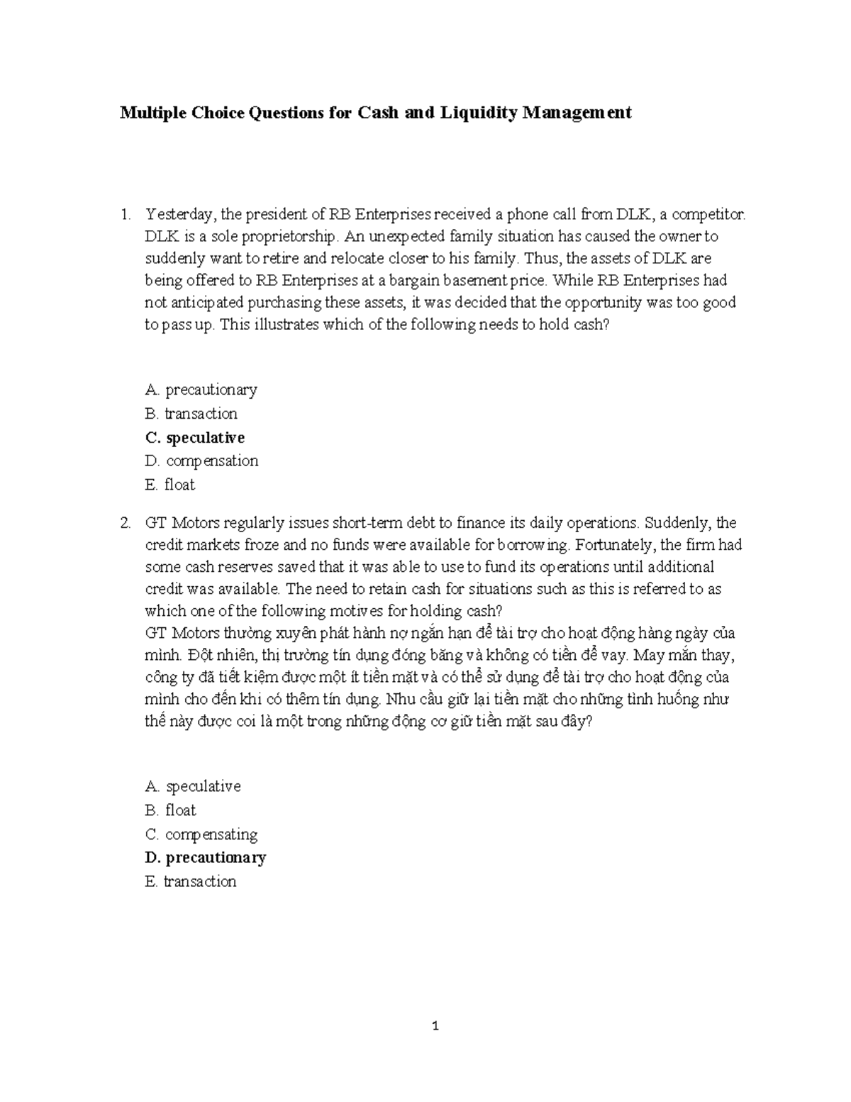 Multiple Choice Questions for Cash & Liquidity Mgmt (FIN 101) - Studocu