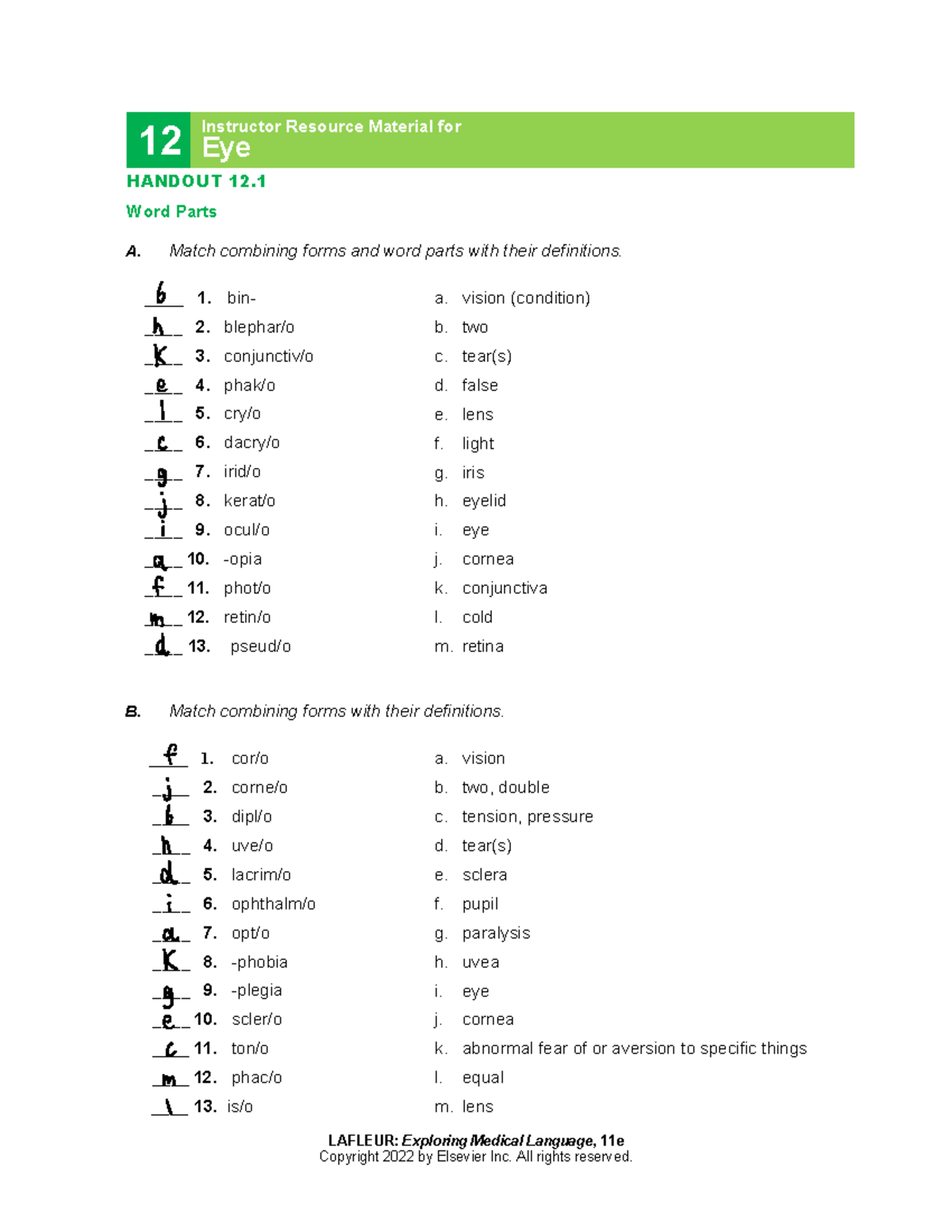 Ch12 Eye: Ophthalmology Instructor Resource Handouts and Activities ...