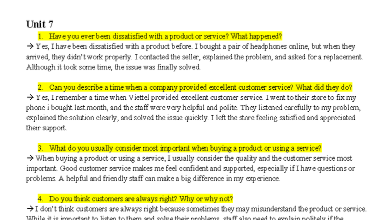 Unit 7 - Customer Service Experiences and Expectations - Studocu