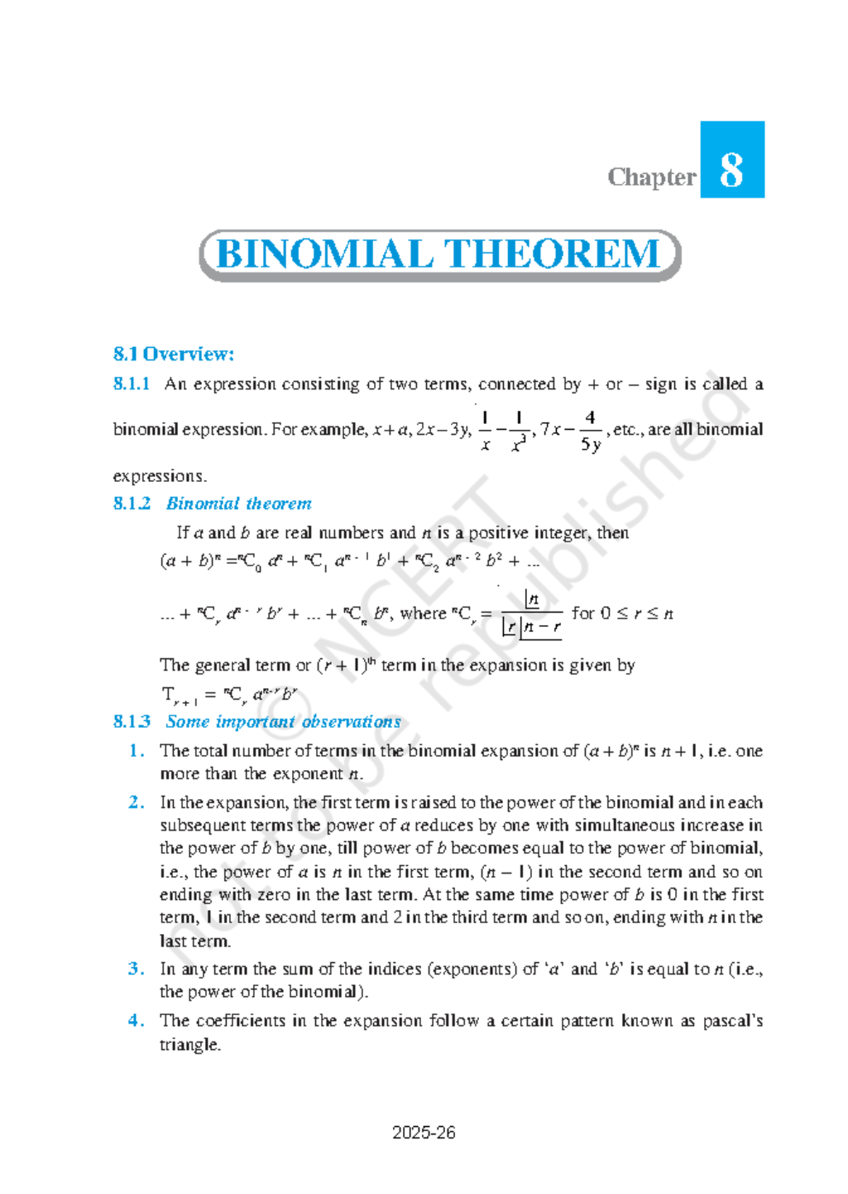 Chapter 8: Binomial Theorem - Key Concepts and Examples - Studocu