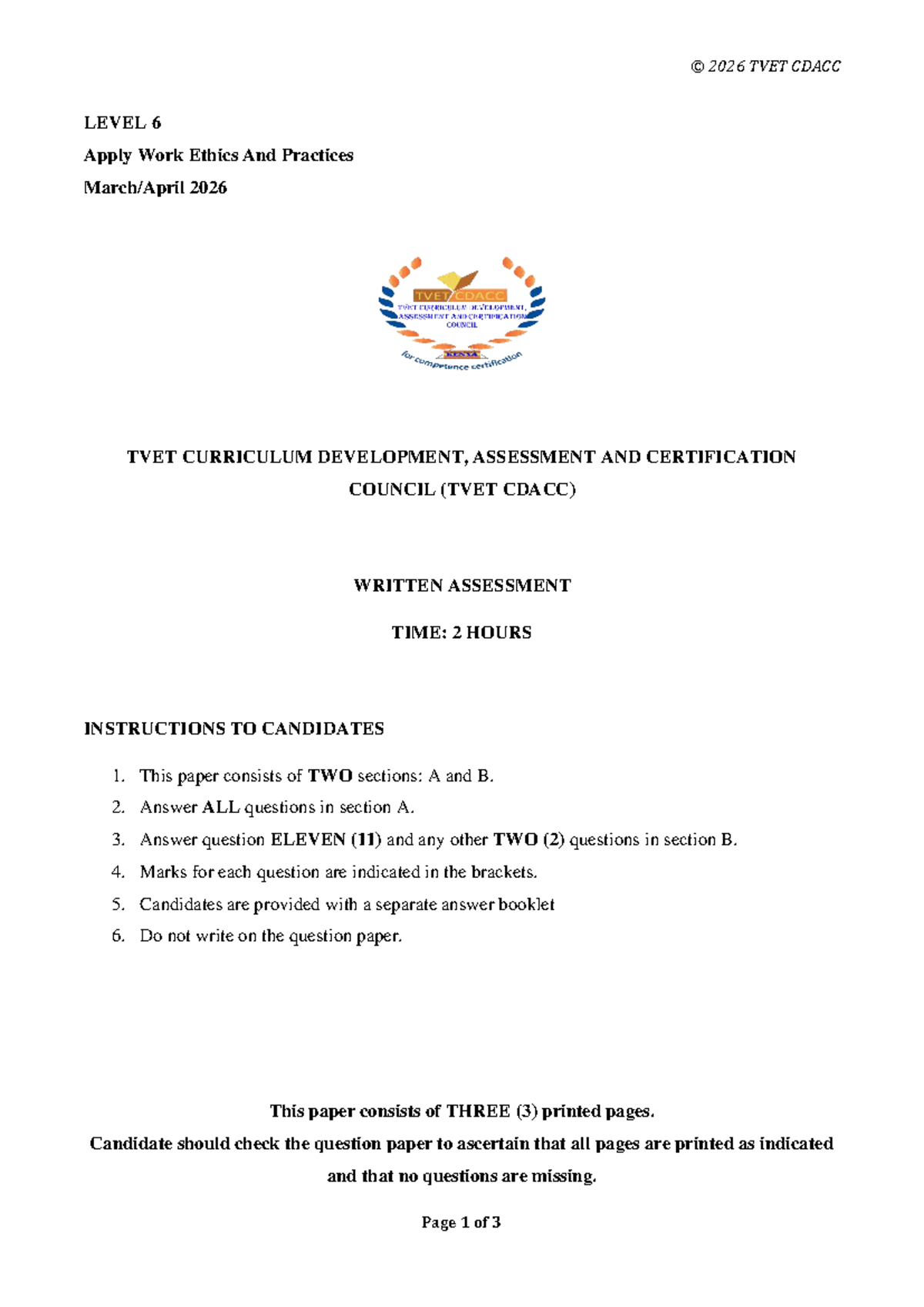 2026 TVET CDACC LEVEL 6 Work Ethics & Practices Assessment - Studocu