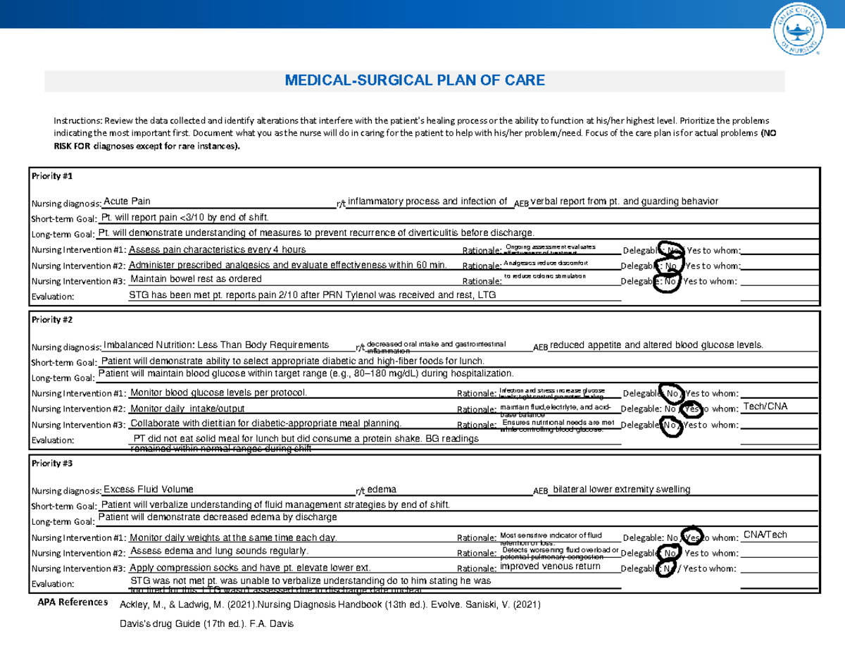 Nursing Care Plan for Acute Pain & Nutritional Management (NUR 301 ...
