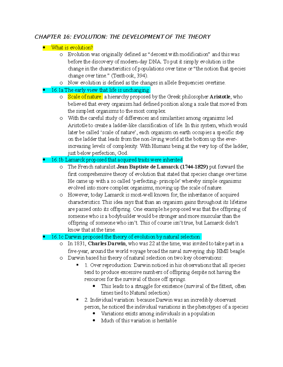 BIOL-1111 chapter 16 notes for midterm 1 - CHAPTER 16: EVOLUTION: THE ...