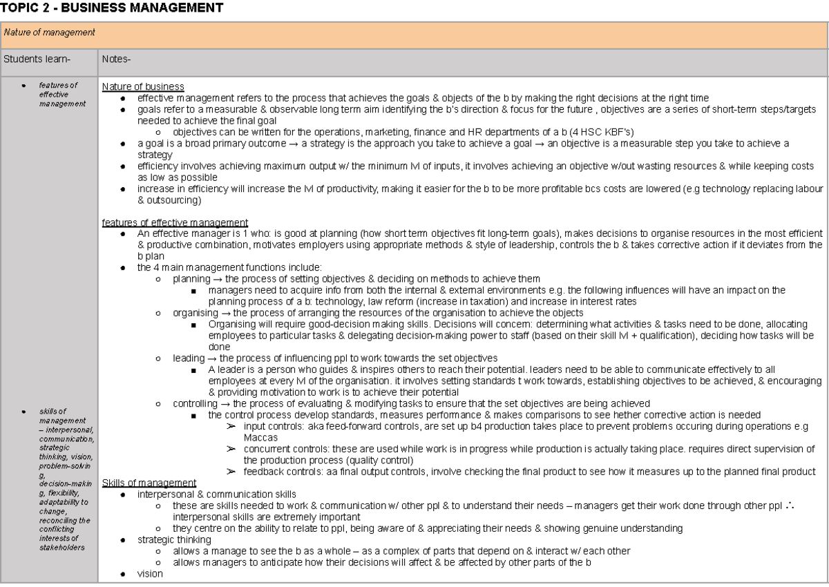 Business Management (BUS 101) Topic 2: Effective Management Notes - Studocu