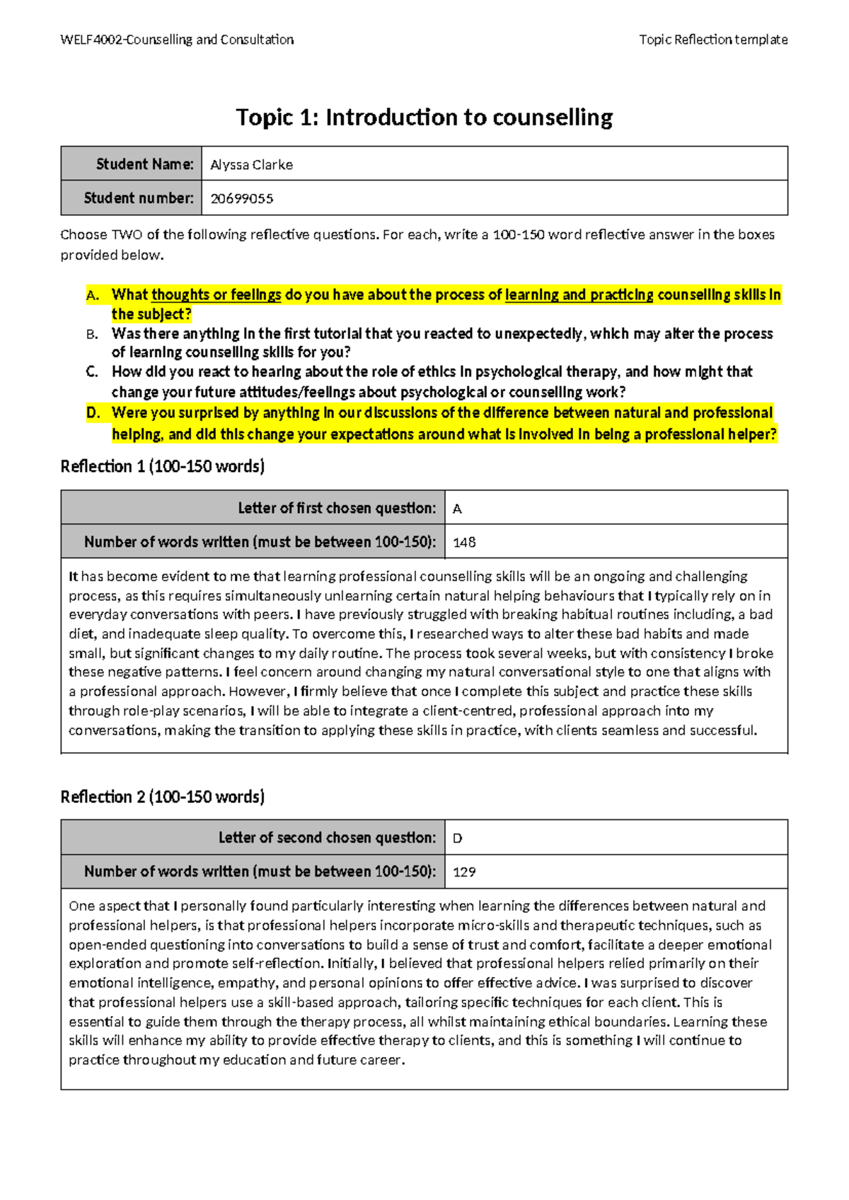 Reflection on Counselling Skills - Topic 1: Intro to Counselling ...