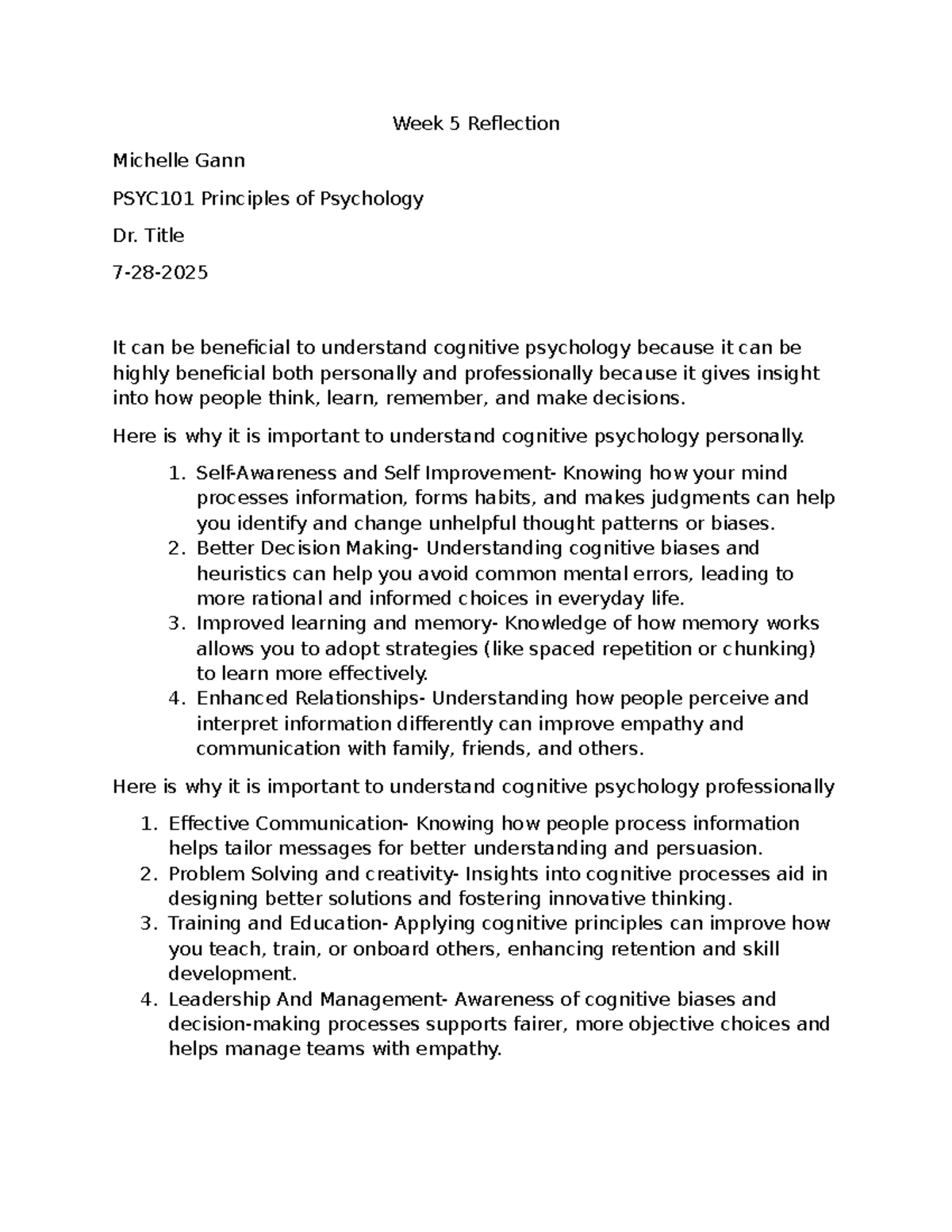 Week 5 Reflection on Cognitive Psychology - PSYC101 - Studocu