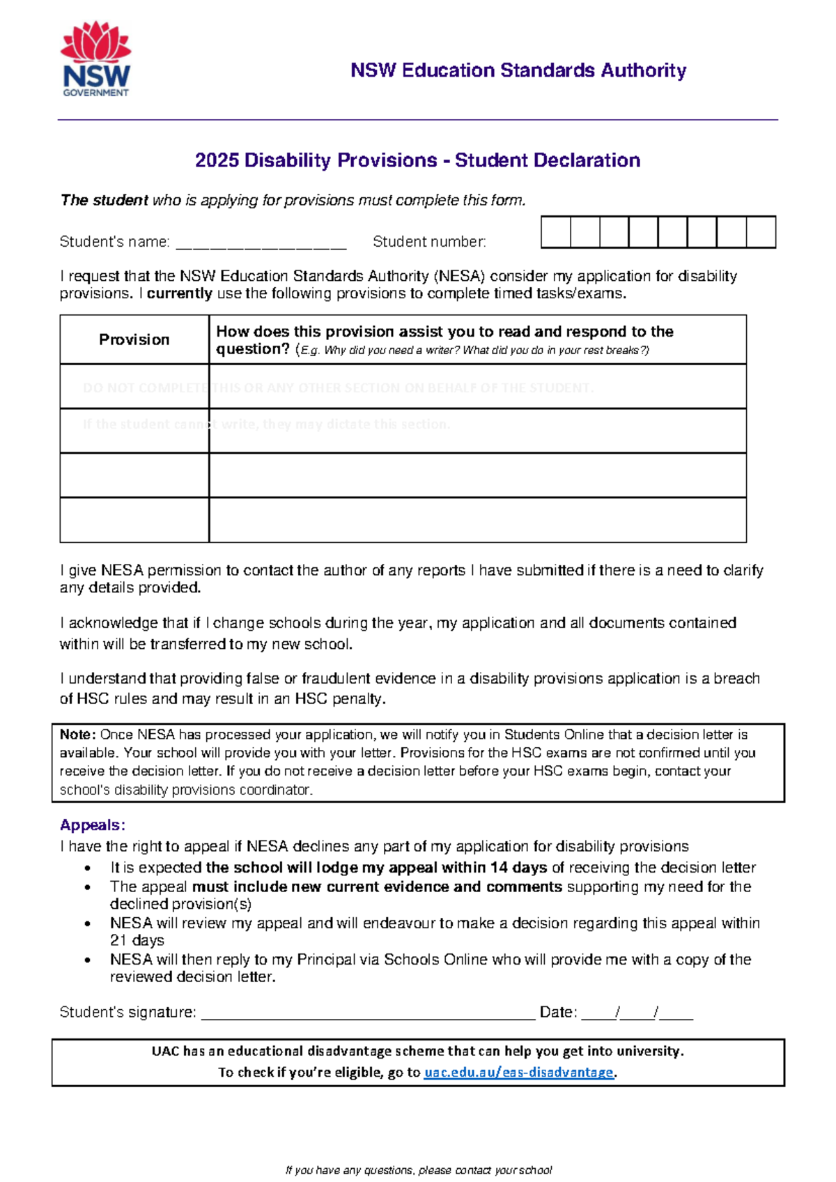 2025 HSC Disability Provisions Student Declaration Form - Studocu