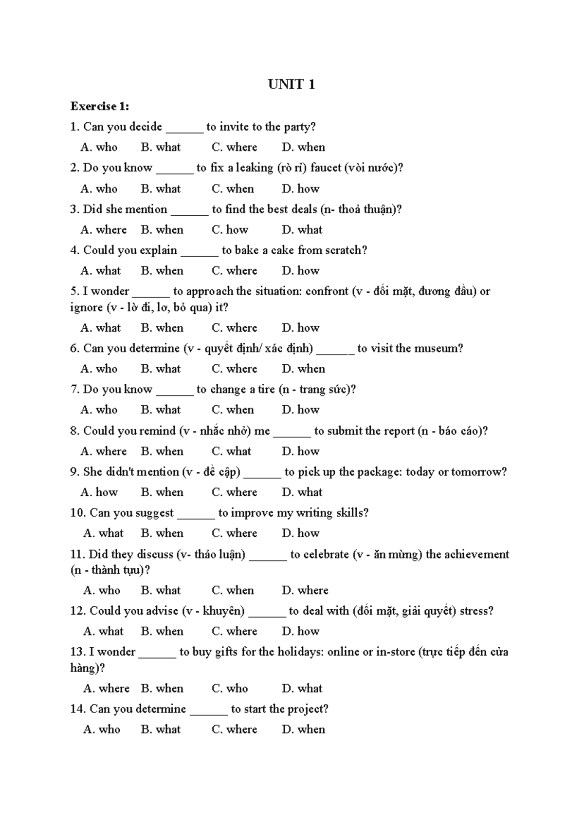 TIẾNG ANH 9: UNIT 1 Exercises and Phrasal Verbs Practice - Studocu