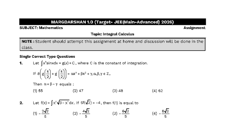 Mathematics Assignment: Integral Calculus for JEE (Main & Advanced ...