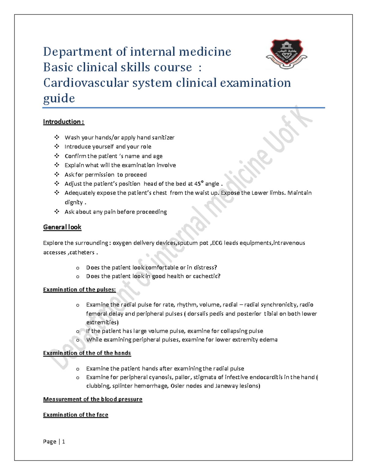 BCS 101: Cardiovascular System Clinical Examination Guide - Studocu