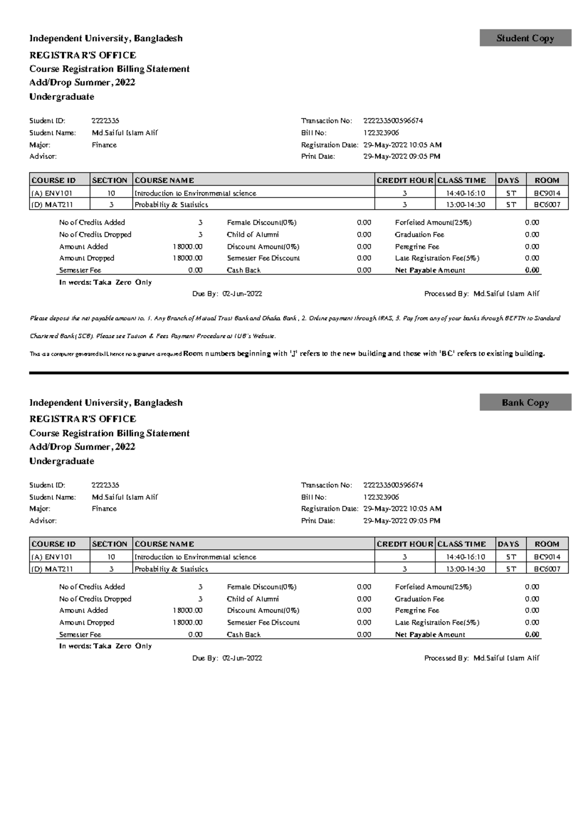 Course Registration Billing Statement: Add/Drop Summer 2022 (ID ...