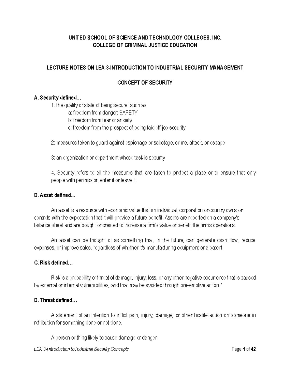 LEA 101: Lecture Notes on Industrial Security Management Concepts - Studocu