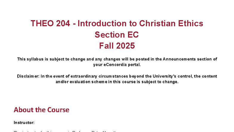 THEO 204 - Introduction to Christian Ethics Syllabus (Fall 2025) - Studocu