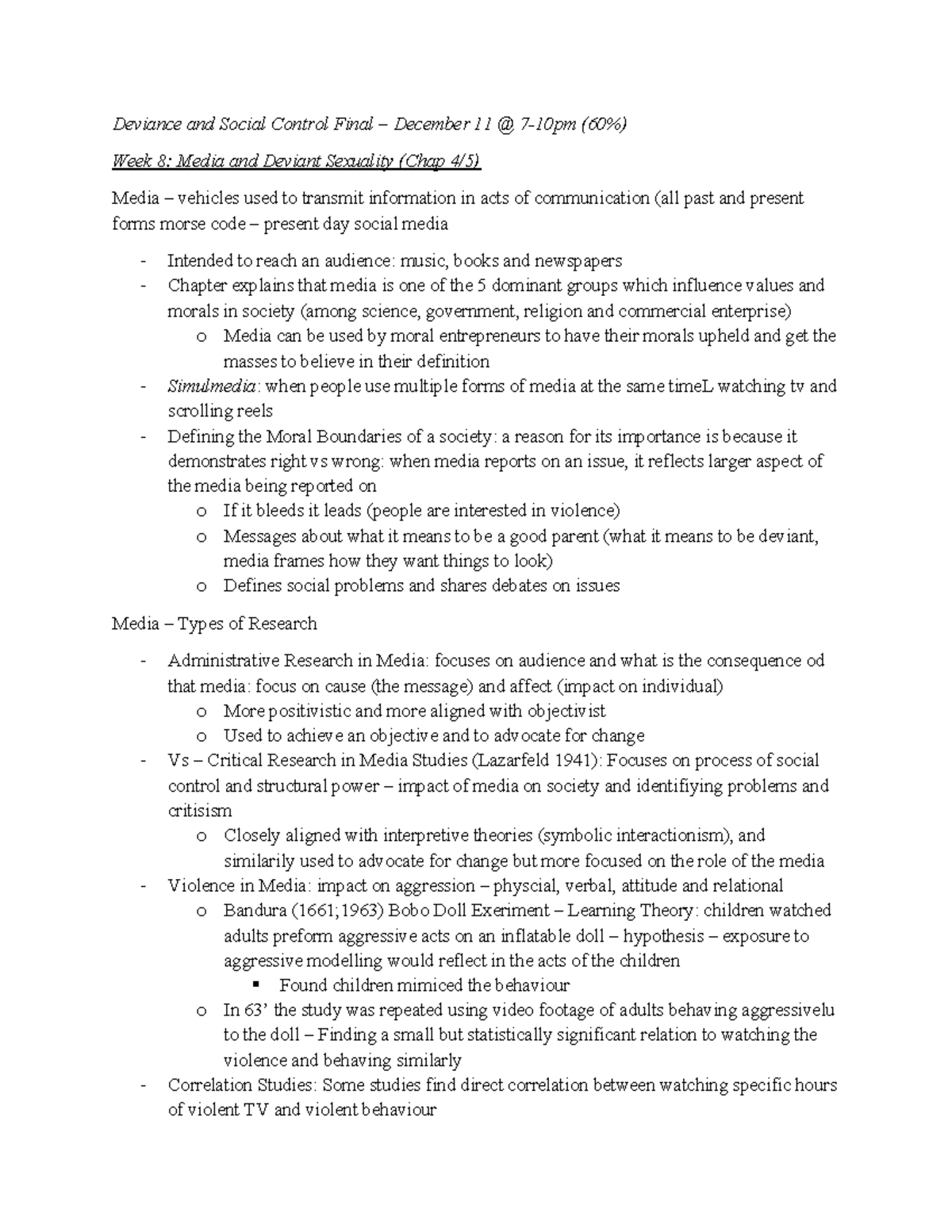 Deviance and Social Control Final Exam Study Notes (Dec 11) - Studocu