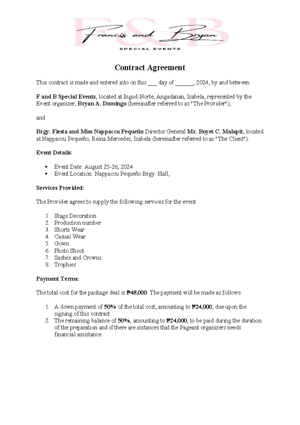 Contract Agreement for Event Services: F&B Special Events - Studocu