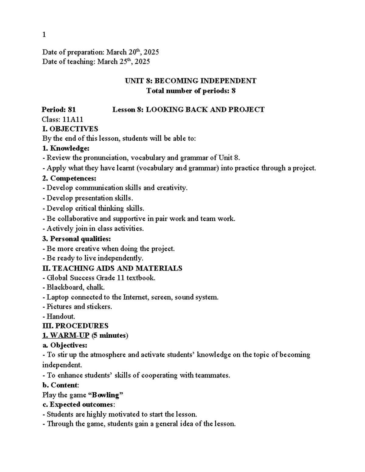 Unit 8: Looking Back and Project for Class 11A11 - Studocu