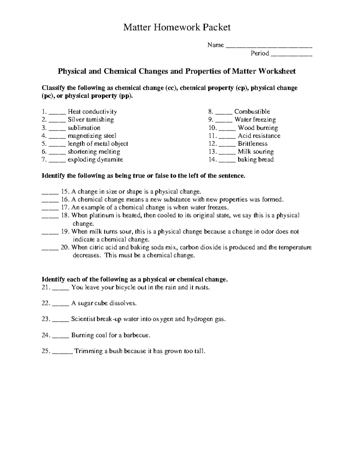 Matter CW: Physical and Chemical Changes and Properties Worksheet - Studocu