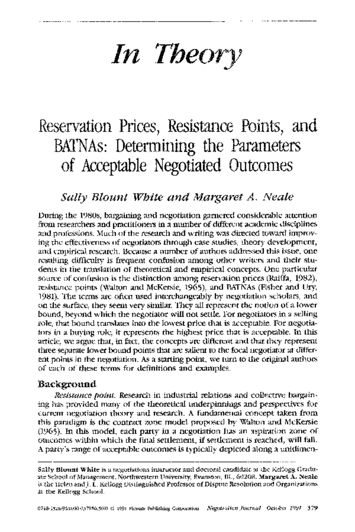 Reservation Prices, Resistance Points, and BATNAs in Negotiation Theory ...
