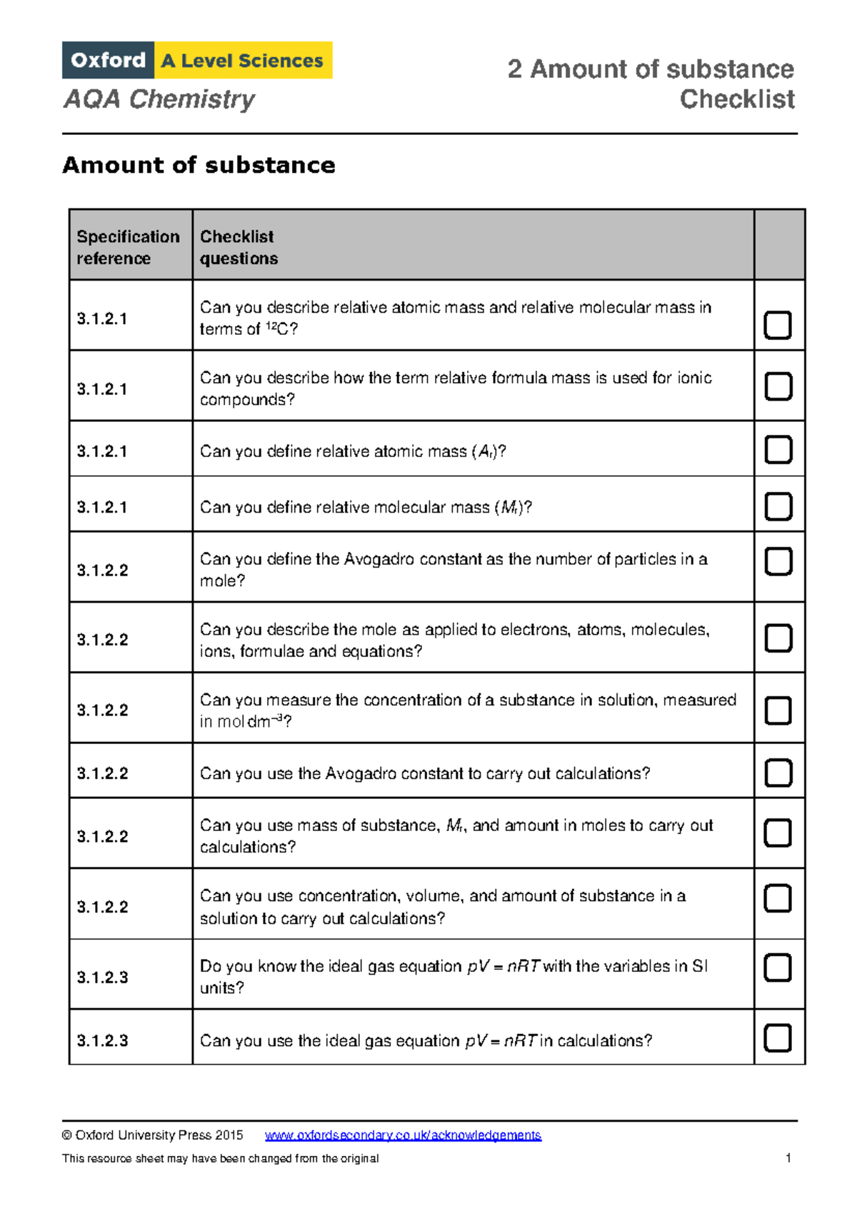 AQA Chemistry 2: Amount of Substance Checklist and Questions - Studocu
