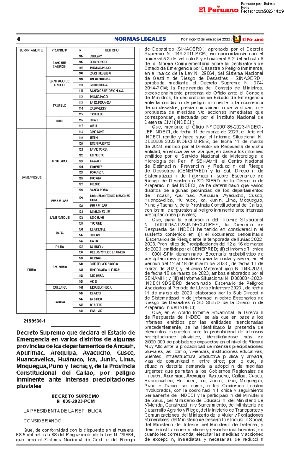 Estado de Emergencia por Lluvias en Distritos de Perú - 035-2023-PCM ...