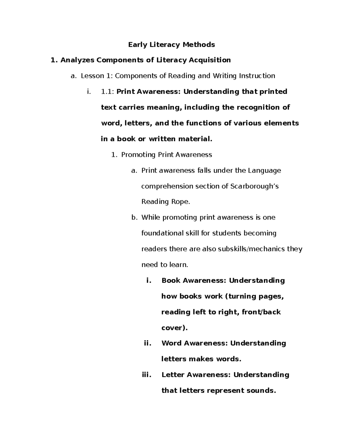 Early Literacy Methods (ELM) Lesson Notes: Components of Reading - Studocu