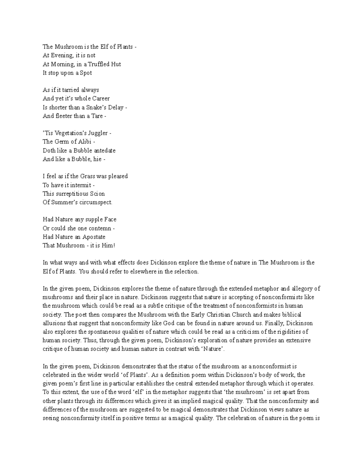 ENGL 201: Essay on Dickinson's "The Mushroom is the Elf of Plants ...