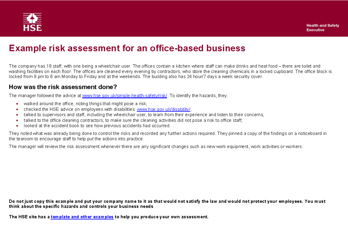 Risk Assessment Example for Business Operations (Consultants) - Studocu