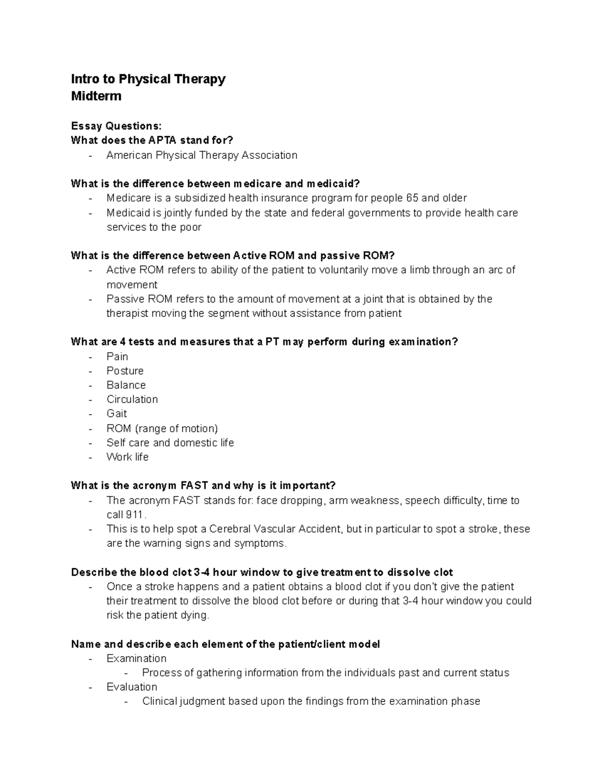 Midterm Essay Questions for Intro to Physical Therapy (PT 101) - Studocu