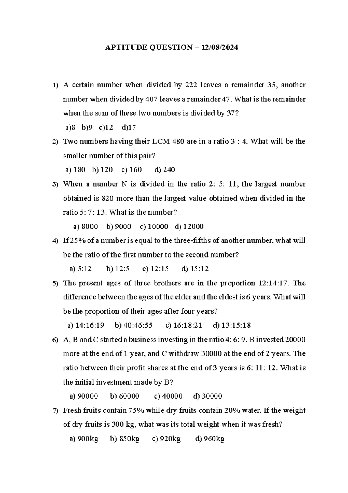 Aptitude Questions - Sample Test 12/08/2024 - Studocu