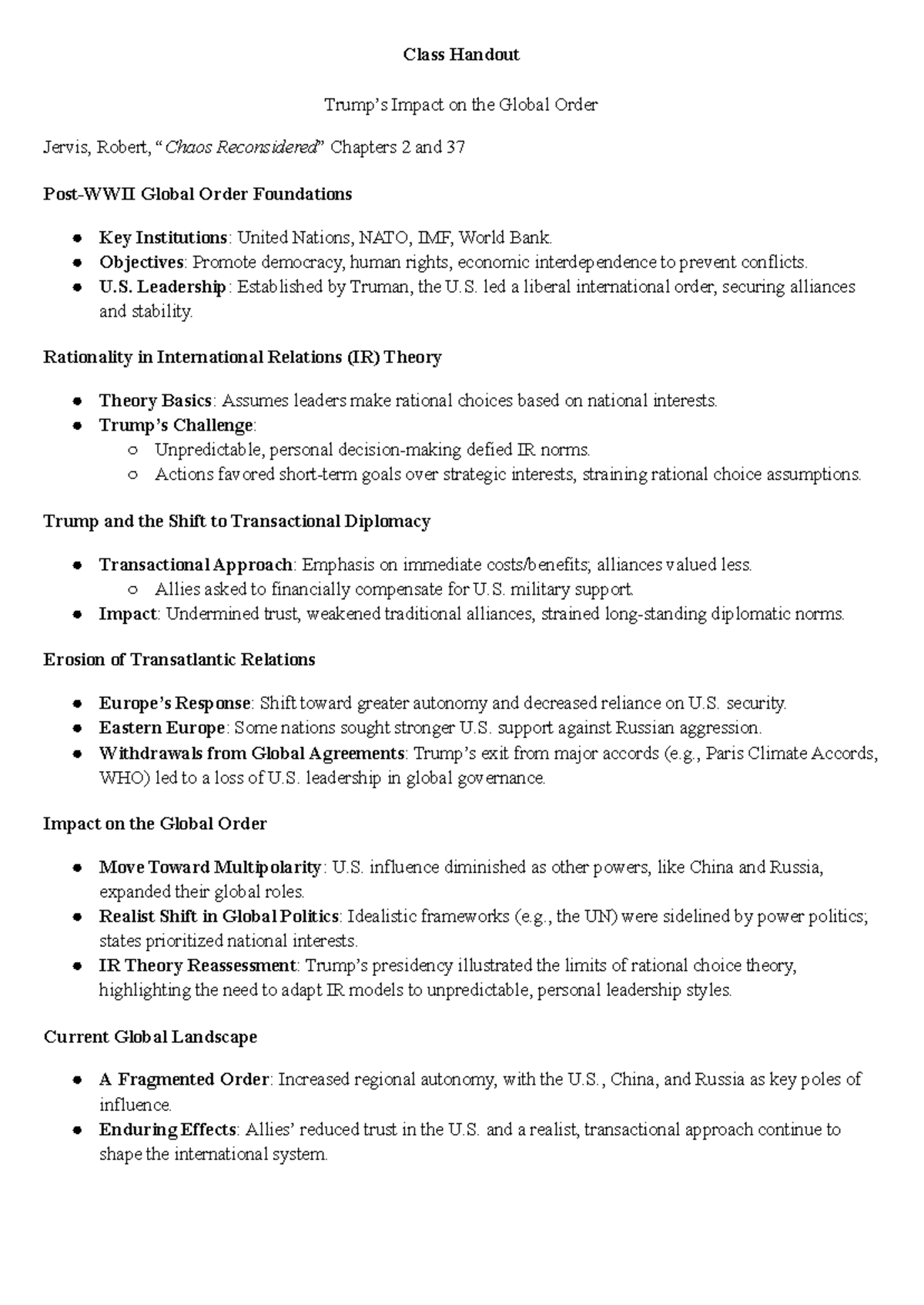 Class Handout - Class Handout Trump’s Impact on the Global Order Jervis ...