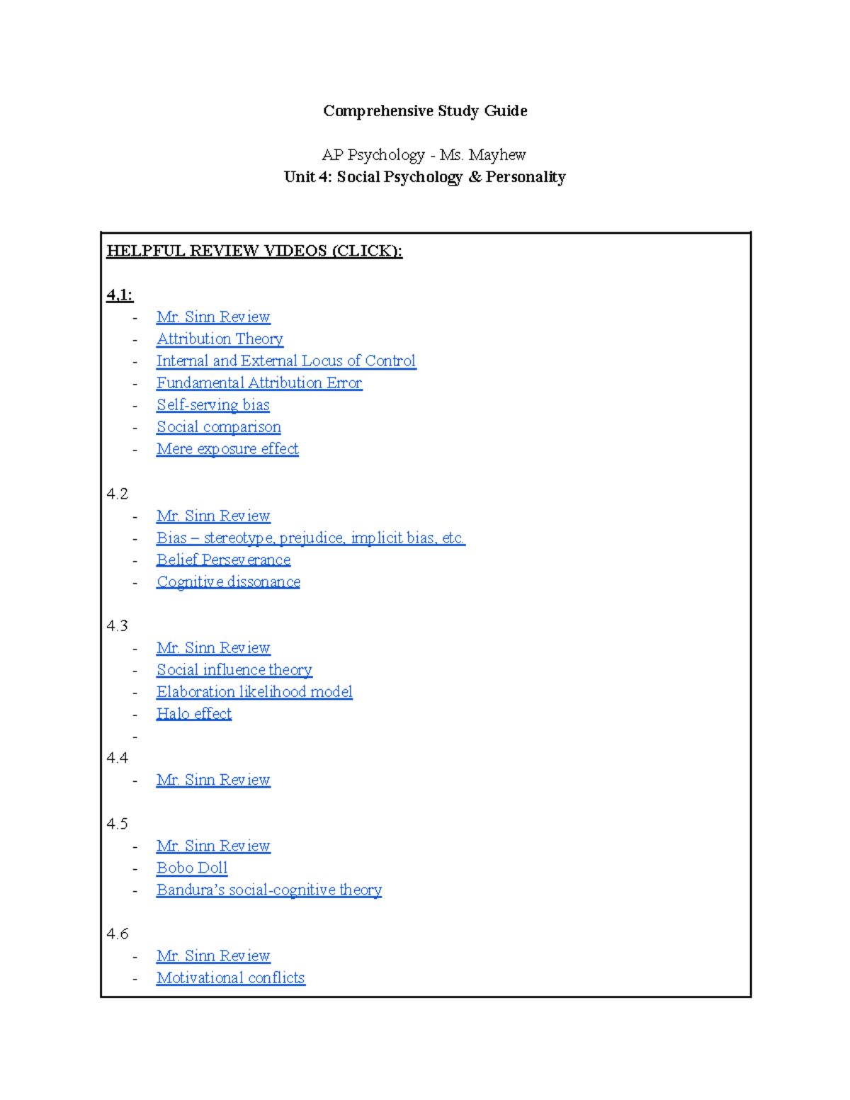 AP Psych - Ms. Mayhew: Unit 4 Study Guide on Social Psych & Personality ...